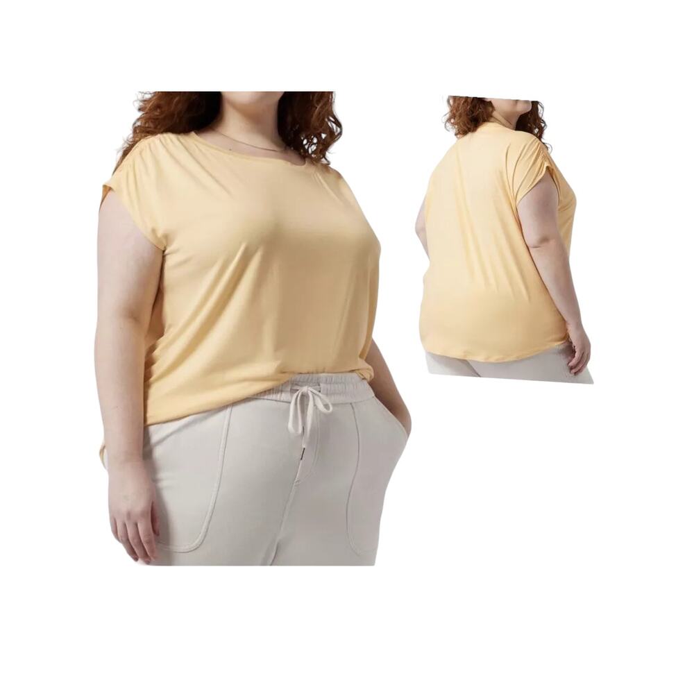 Athleta Getaway Ruched Cap Sleeve Stretchy Yellow Lightweight T-Shirt Size 1X